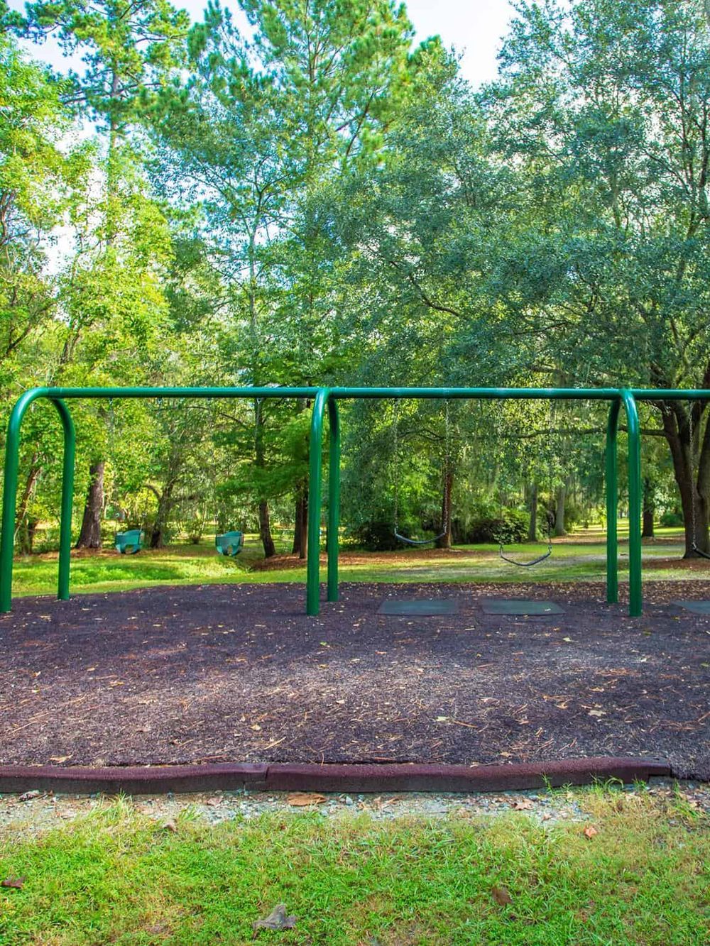 Colorful park swing set in lush green outdoor setting for kids and family fun.