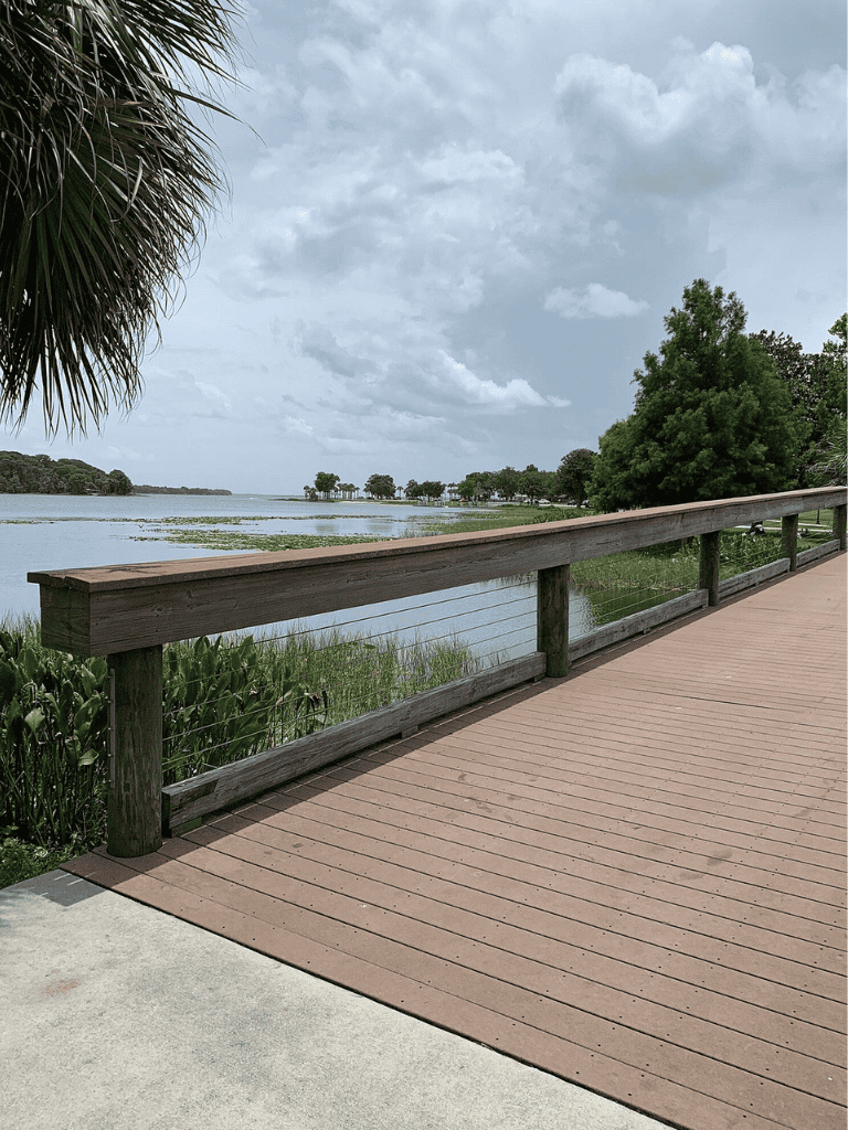Serene lakeside boardwalk with lush greenery and cloudy sky, perfect for nature walks and relaxation.