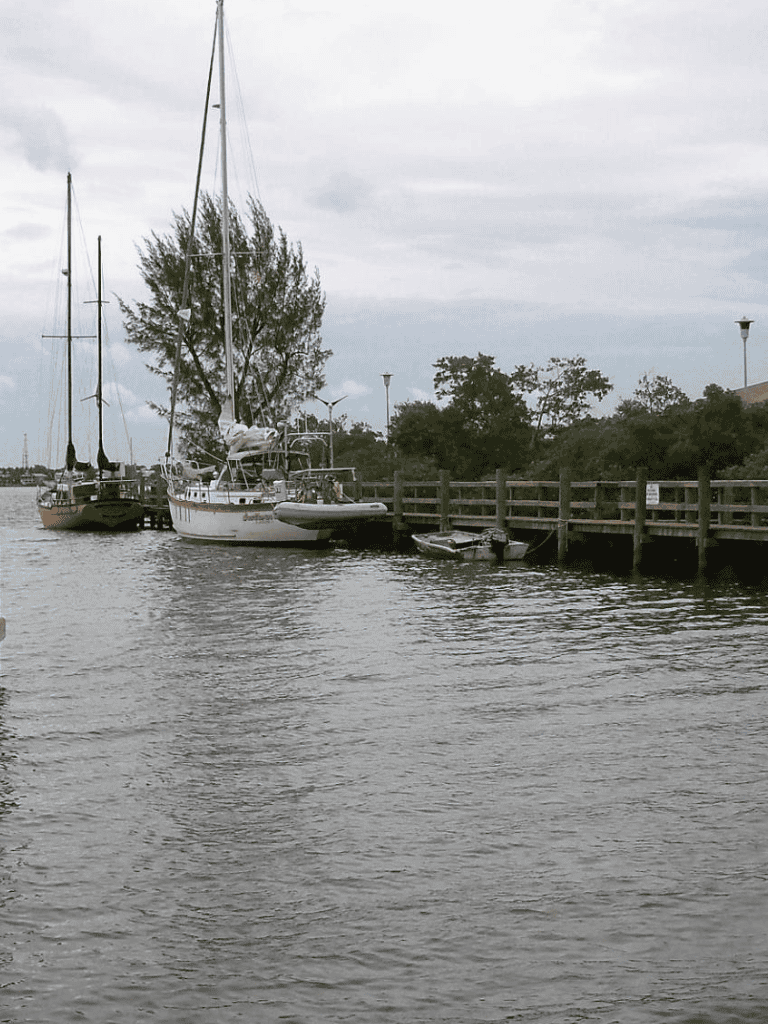 Sailing yachts docked at a peaceful marina with trees and cloudy sky in the background.
