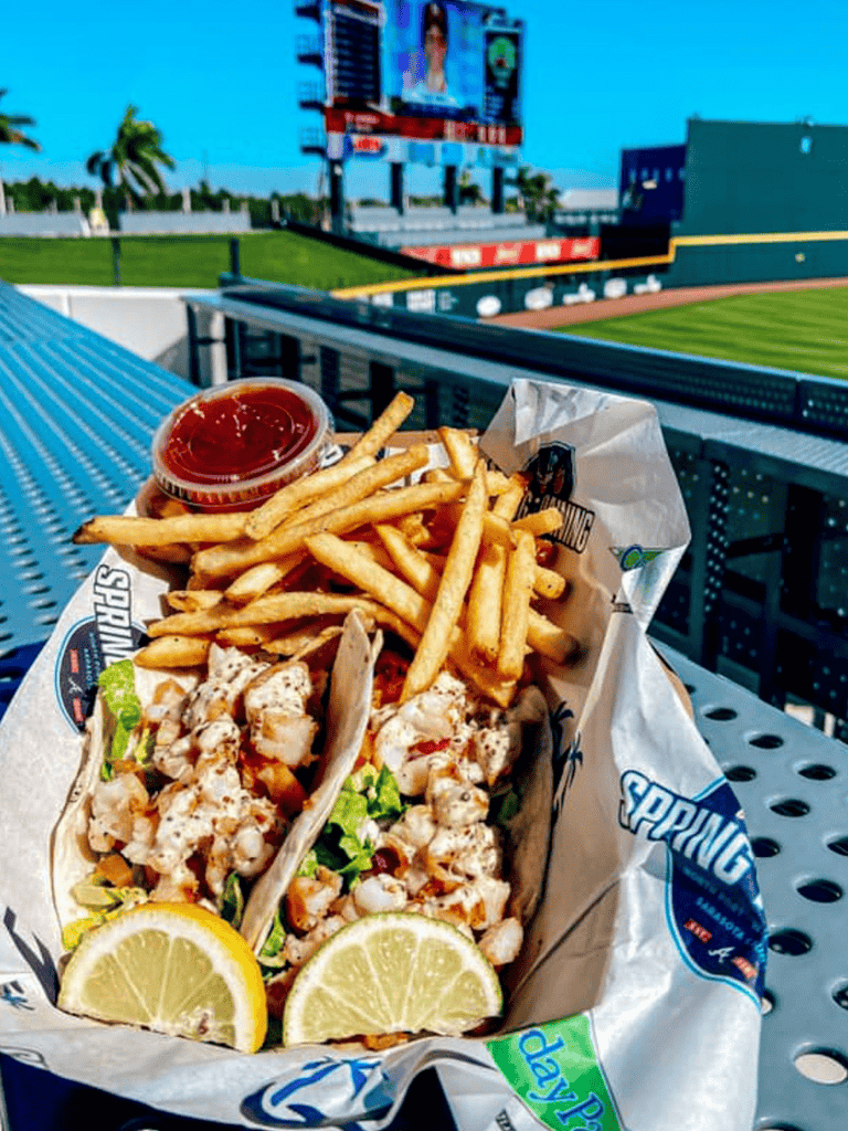 Grilled lobster tacos with French fries at Chase Field baseball stadium in Phoenix, Arizona.