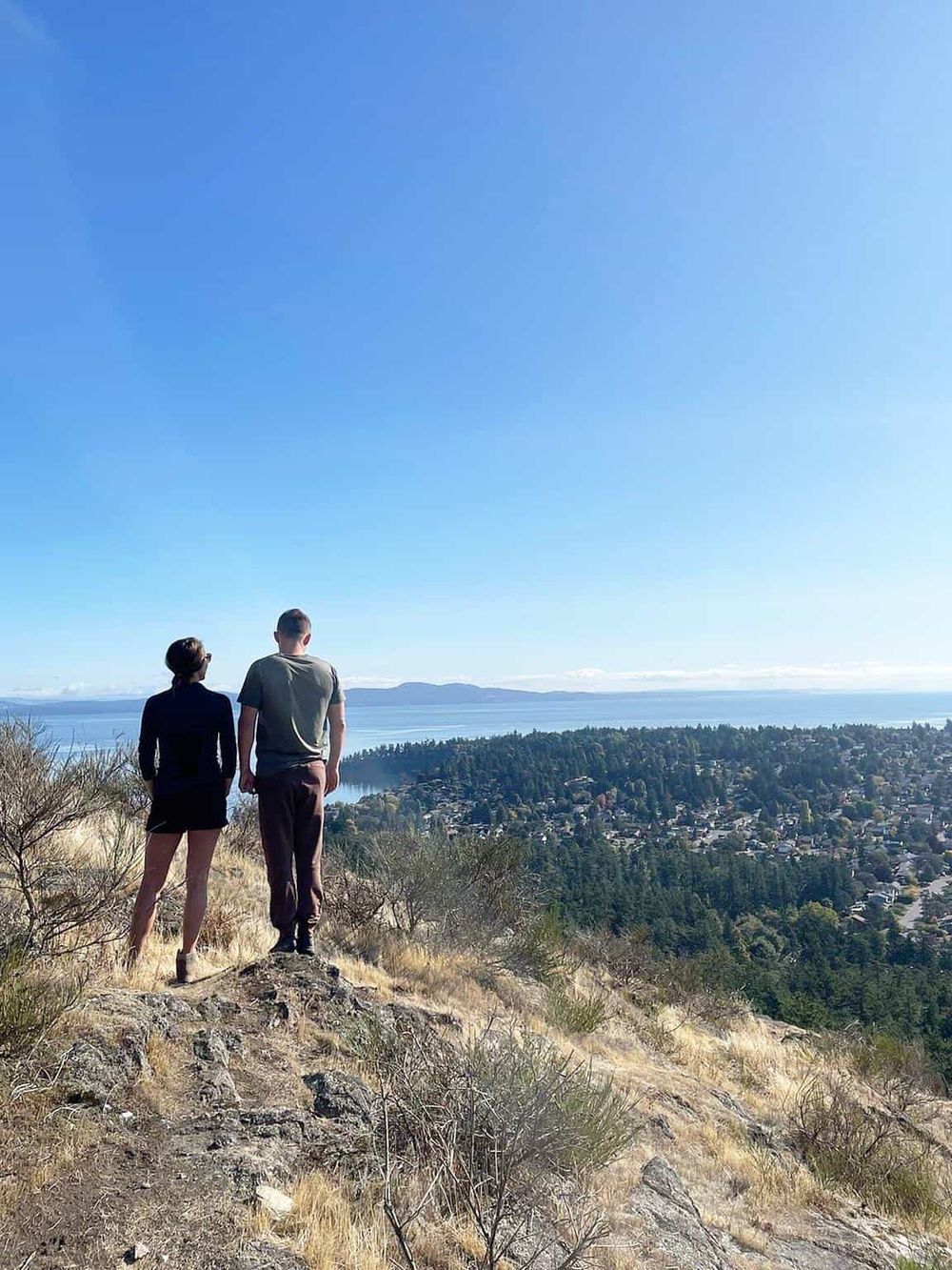 Stunning view from a hiking trail overlooking a city and bay under a clear blue sky.