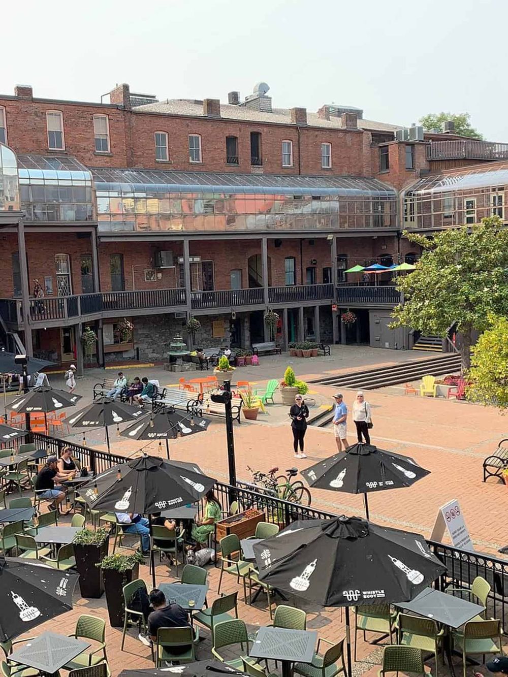 Vibrant outdoor patio with umbrellas and seating area, ideal for dining or relaxing at QuestForDirections in downtown.