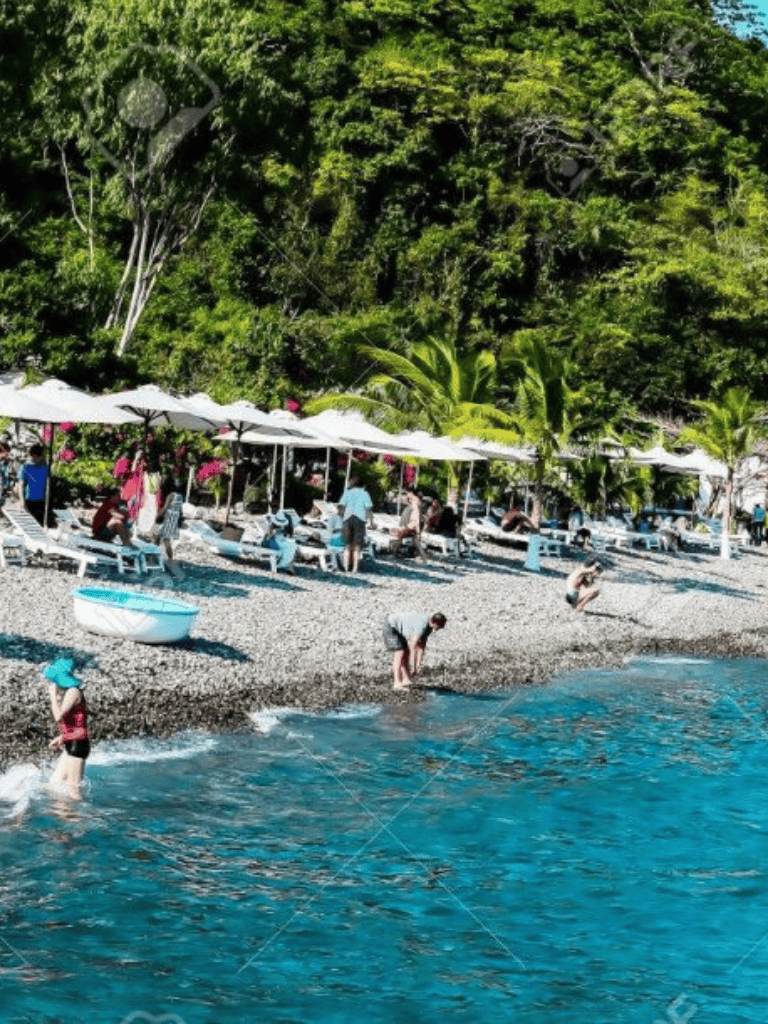 Bright beach scene with people relaxing under umbrellas, enjoying the ocean and lush green trees in the background.