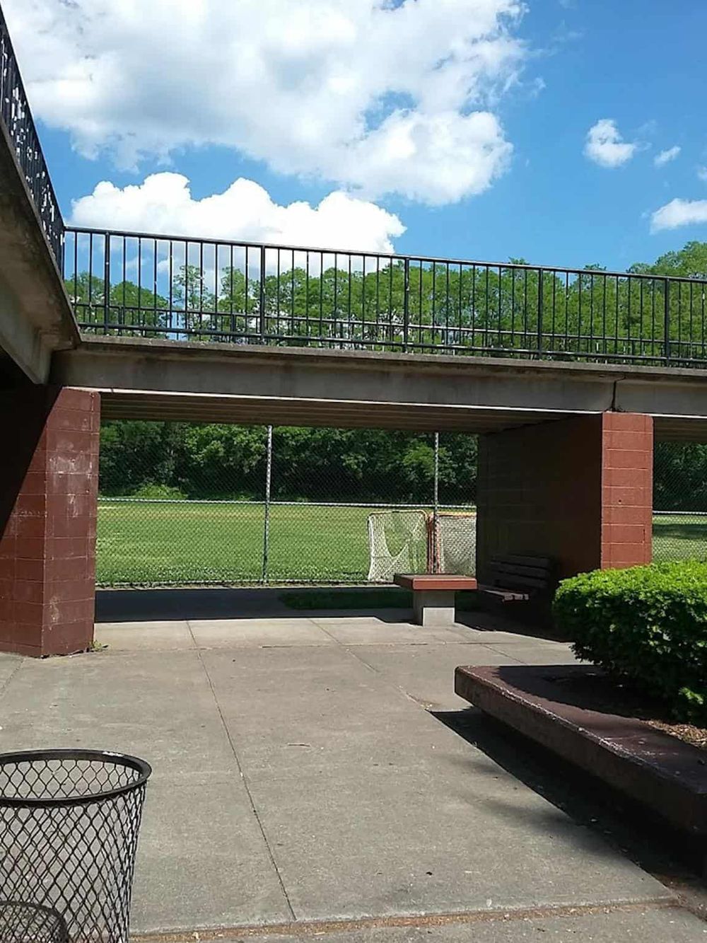 A scenic park beneath a bridge with benches, green field, hoop, and blue sky with clouds, ideal for outdoor activities.