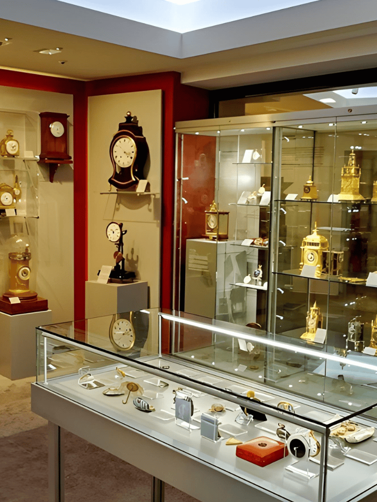 Vintage clocks and watches display at museum or auction house exhibit.