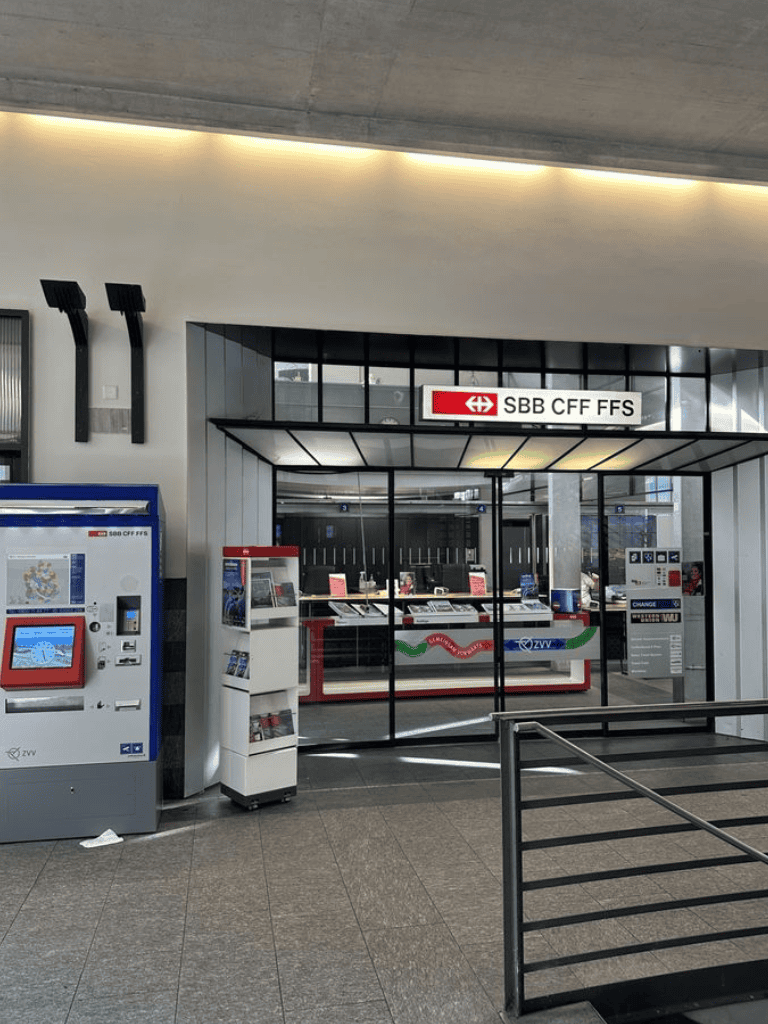 SBB railway ticket counters at Zurich airport, Switzerland, for train travel assistance.