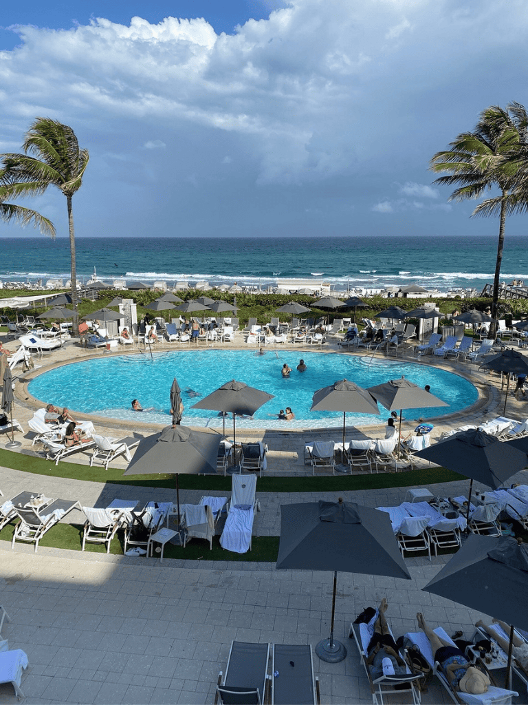 Beachside hotel pool with ocean view, palm trees, and sun loungers.