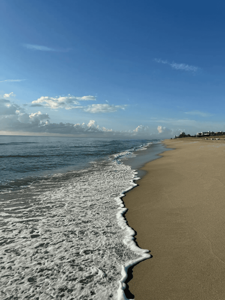 Peaceful beach scene with sandy shoreline and ocean waves under clear blue sky, ideal for travel and outdoor adventures.