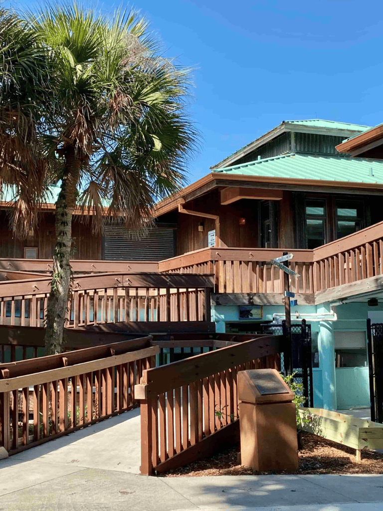 Palm tree and wooden building with ramps at QuestForDirections outdoor facility, accessible routes and wayfinding.