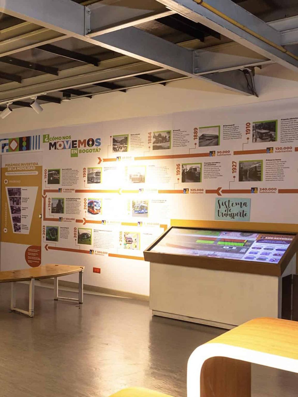 Interactive museum exhibit showcasing transportation history and urban mobility in Bogotá.