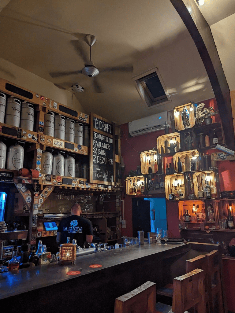 Dark interior of a bar with illuminated shelves featuring bottles, a bar counter, and a bartender serving drinks.