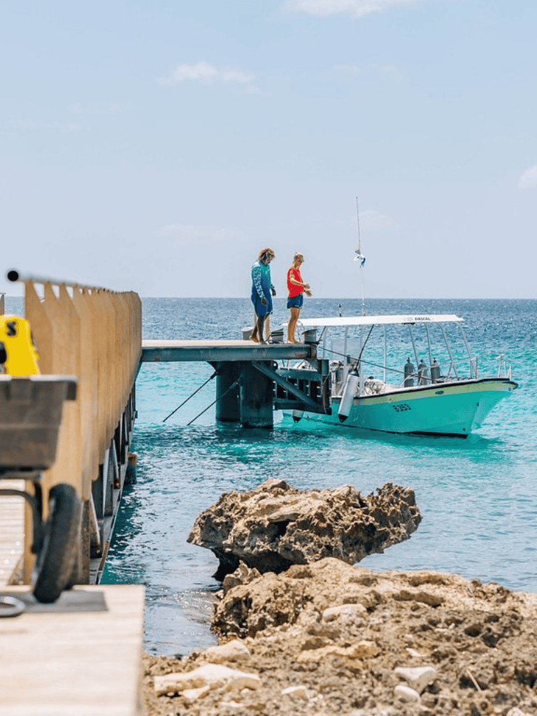 Relaxing boat trip at tropical seaside dock with families enjoying water adventure and scenic ocean views.