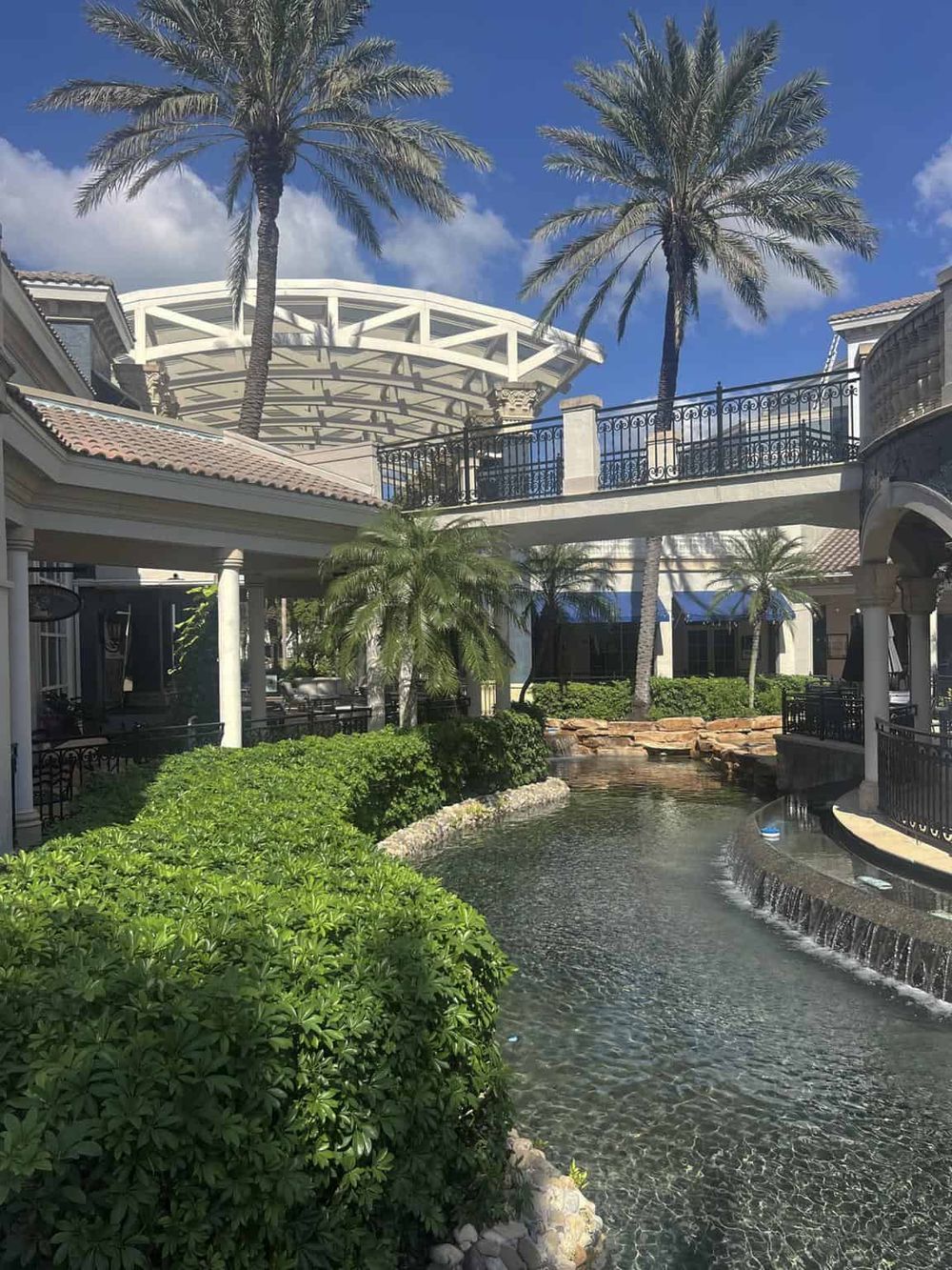 Luxurious resort with palm trees, water features, and elegant architecture in a tropical setting.