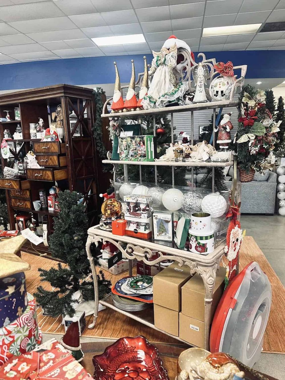 Christmas holiday decorations and ornaments display at a retail store.