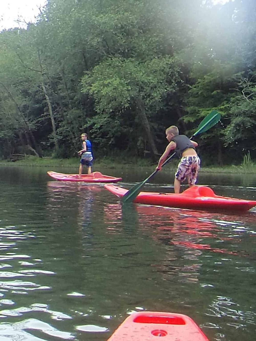 Kids kayaking on a calm river surrounded by lush green trees.