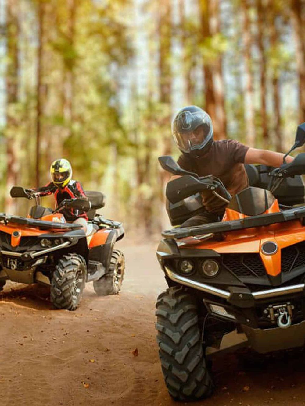 Off-road ATV adventure in a forest for outdoor recreational exploration and thrill rides.