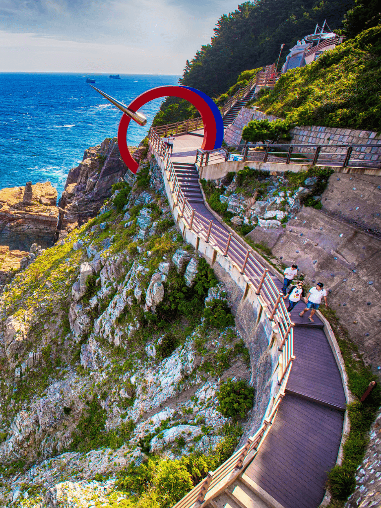Breathtaking coastal cliff walkway with scenic ocean views and modern art installation.
