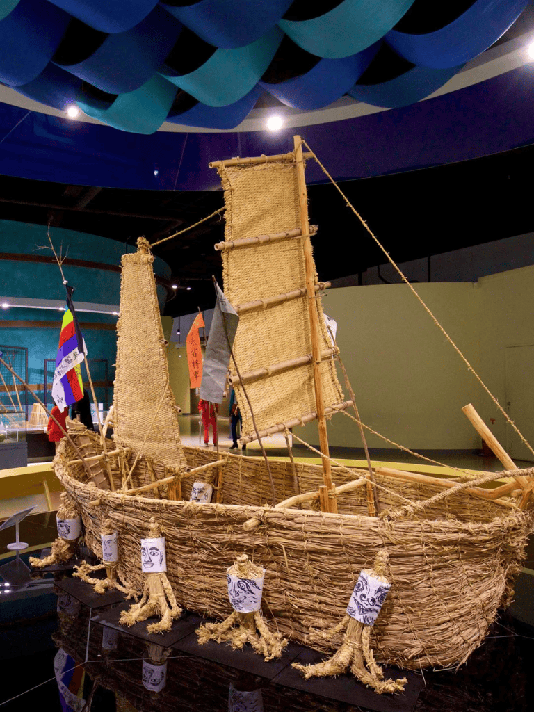 Traditional Polynesian sailing canoe exhibit at QuestForDirections museum.