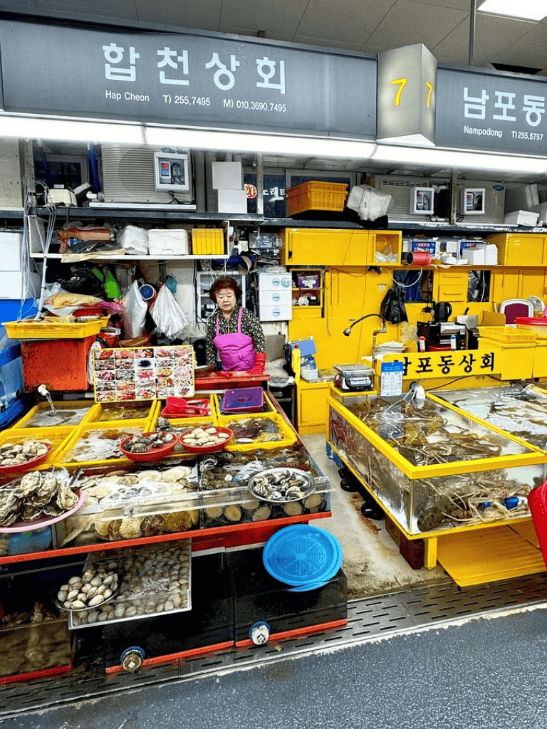 Fresh seafood market at Hap Cheon, South Korea, with colorful displays of shellfish and live crabs.