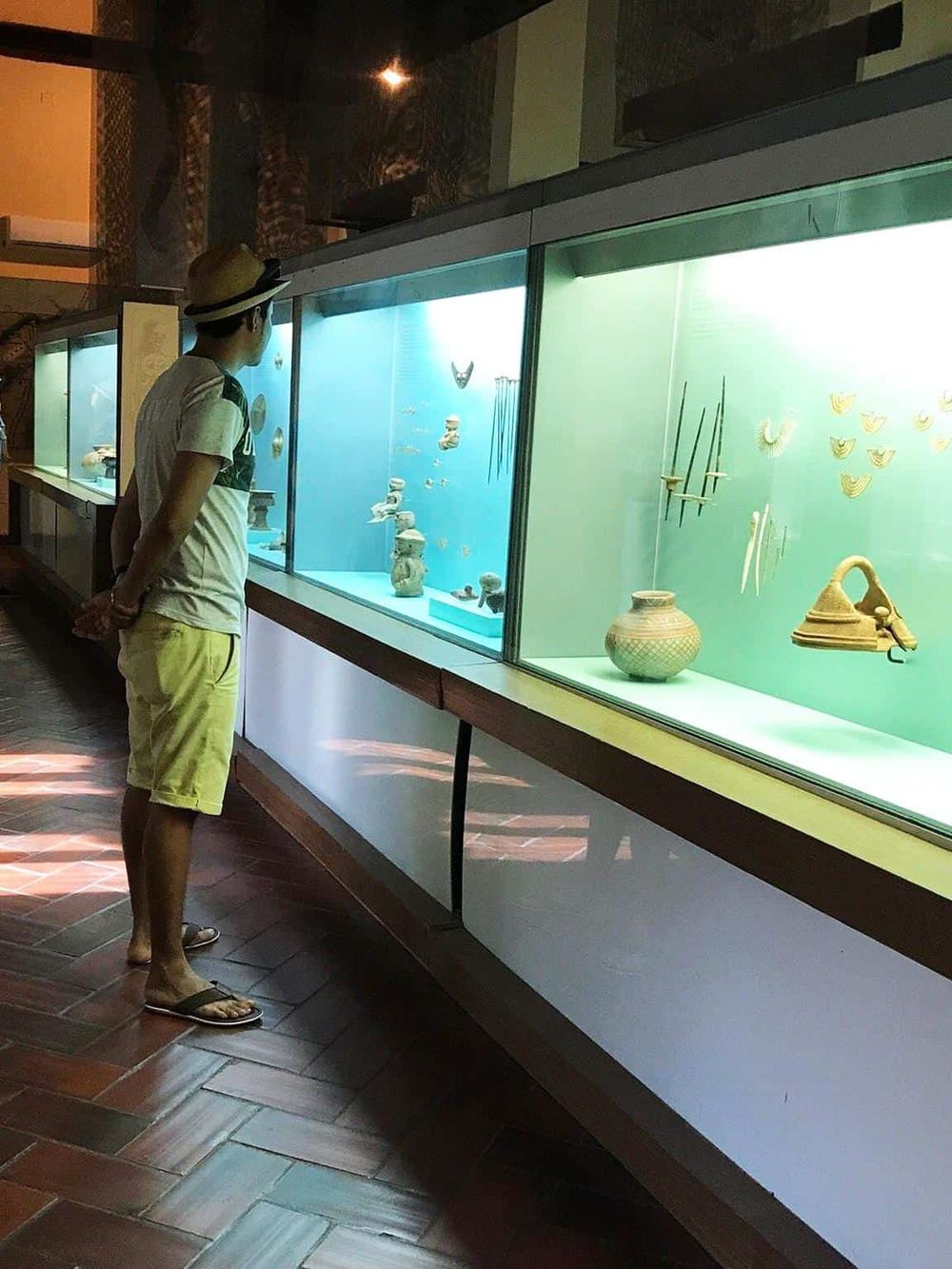 Ancient artifact museum exhibit with glass display cases showcasing archaeological finds and historical treasures.
