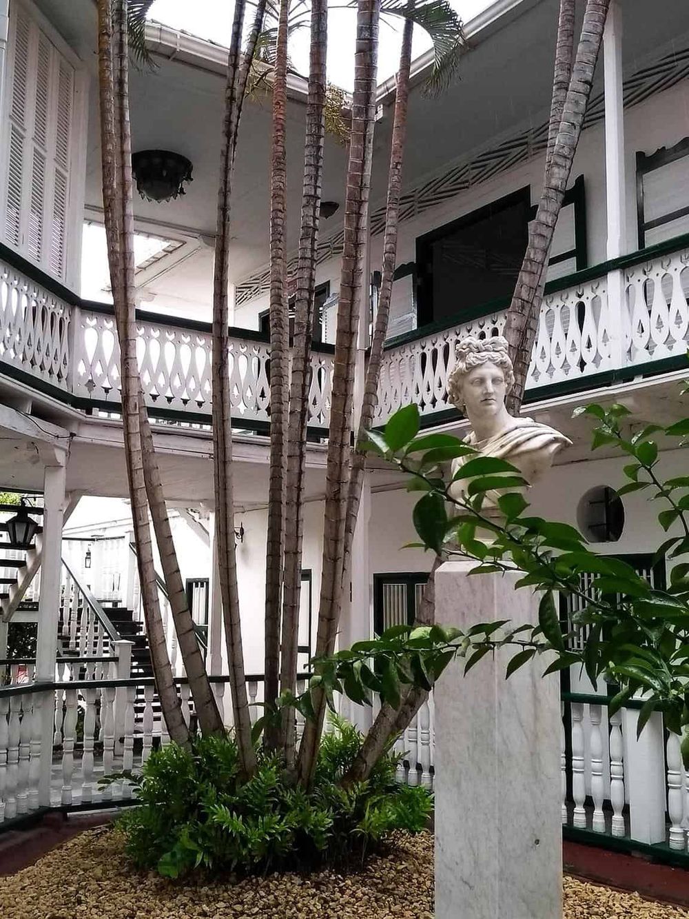 Vintage hotel courtyard with a bust statue and lush plants for relaxing ambiance.