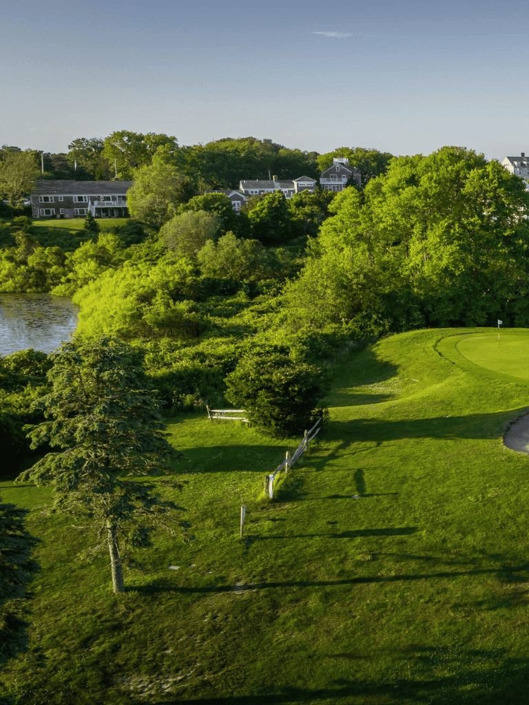 Lush green golf course with trees and water, scenic landscape, residential homes nearby, perfect for outdoor recreation.