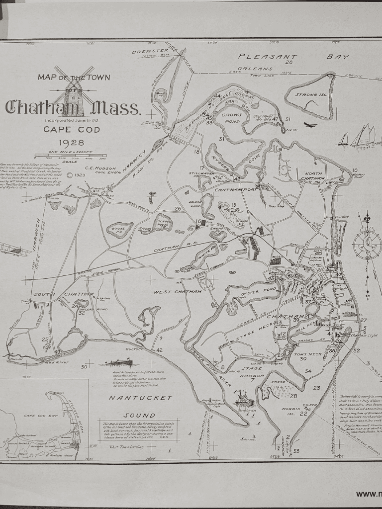 Map of Chatham Mass, Cape Cod 1928 vintage historical town map, detailed waterfront and landmarks.