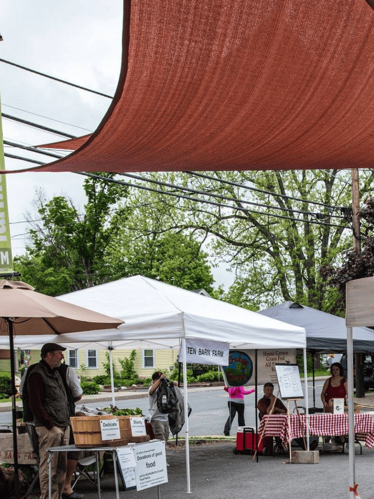 Fresh produce vendors at outdoor farmers market, community booths, locally grown food, farm fresh vegetables.