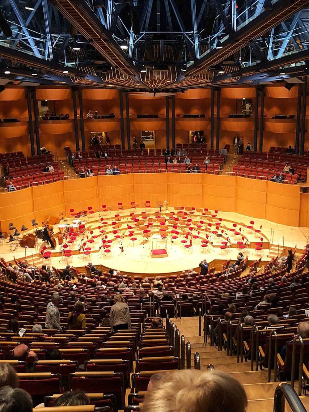 Stunning concert hall with modern design and spacious seating for orchestras and audiences.
