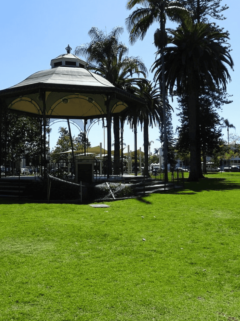 Charming park gazebo surrounded by palm trees in sunny outdoor setting.