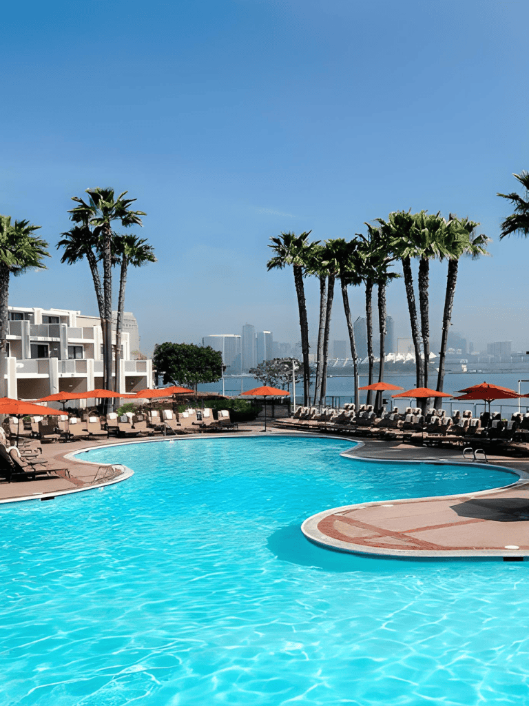 Outdoor luxury hotel pool with palm trees, lounge chairs, and city skyline view.