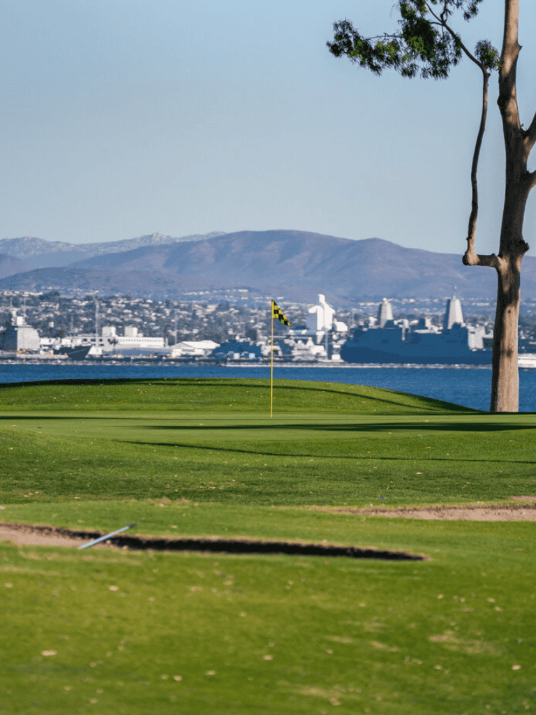 Aerial view of a golf course with city skyline and water in the background, sunny day.
