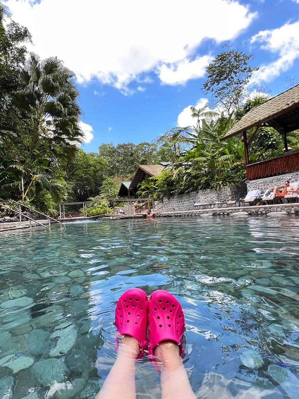 Relaxing tropical pool with lush greenery and clear blue sky, perfect for relaxation and outdoor adventures.