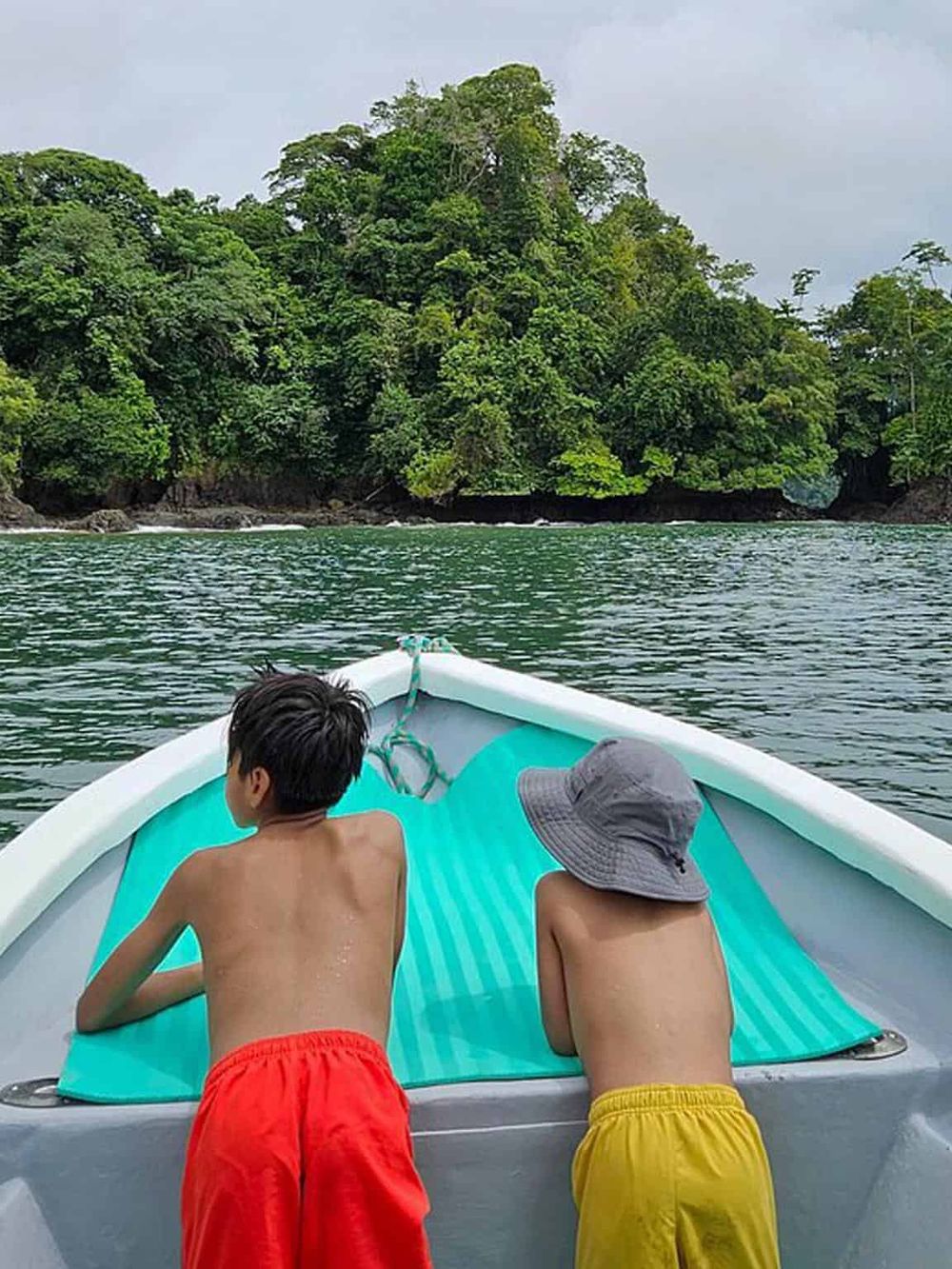 Kids enjoying a boat ride in lush green tropical waterscape, perfect for family adventure and travel guidance.