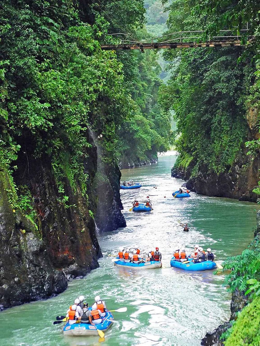 Vivid image of people white water rafting in lush green canyon with rocky walls and a suspension bridge overhead.