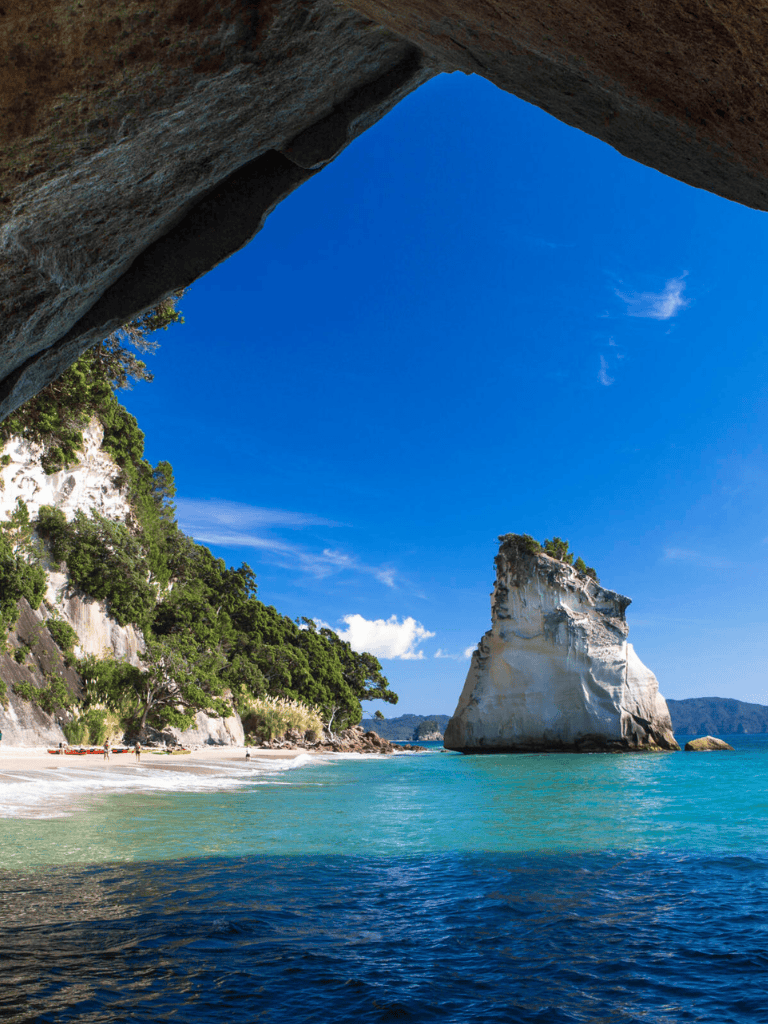 Vivid coastal scenery with white cliffs, turquoise waters, and lush green trees under a clear blue sky.