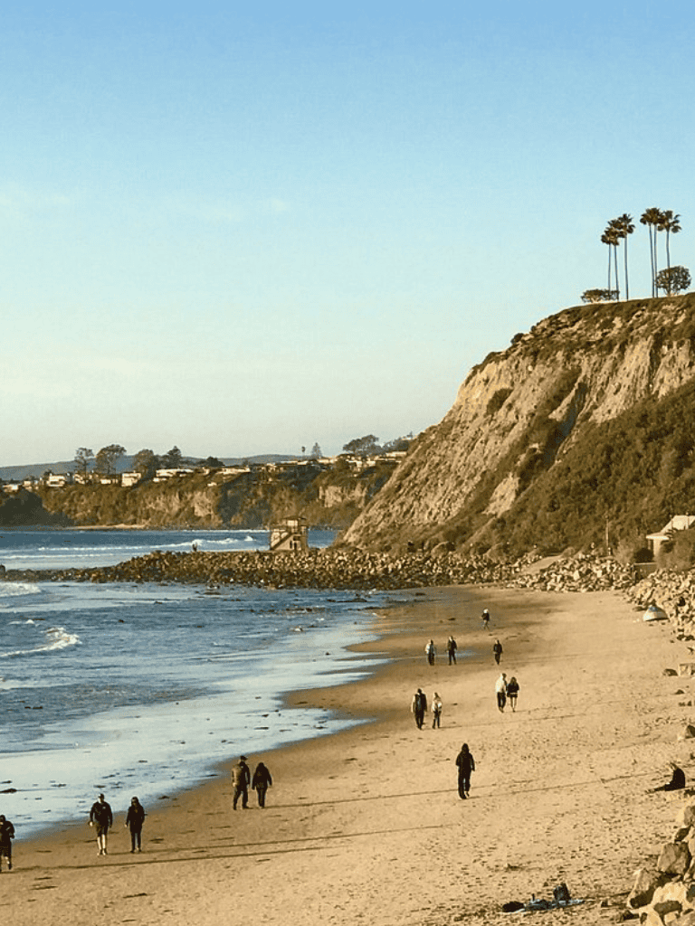 Sunset beach with cliffs and palm trees, scenic coastal view, travelers walking along shoreline, California seaside landscape.