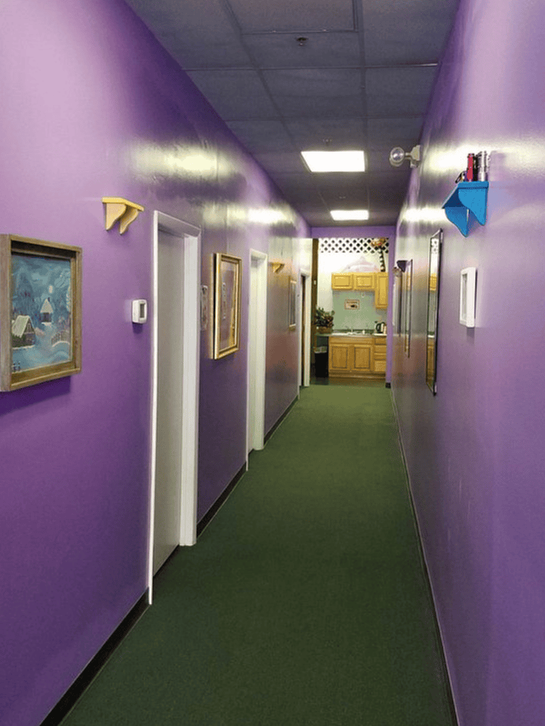 Quiet hallway with purple walls and framed artwork, leading to a kitchenette area, ideal for office or therapeutic facility.