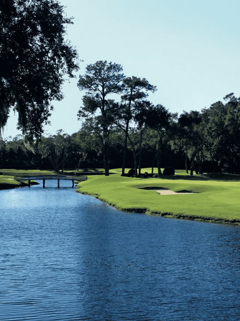 Serene golf course with water hazards and lush greenery, ideal for golf enthusiasts and outdoor recreation.