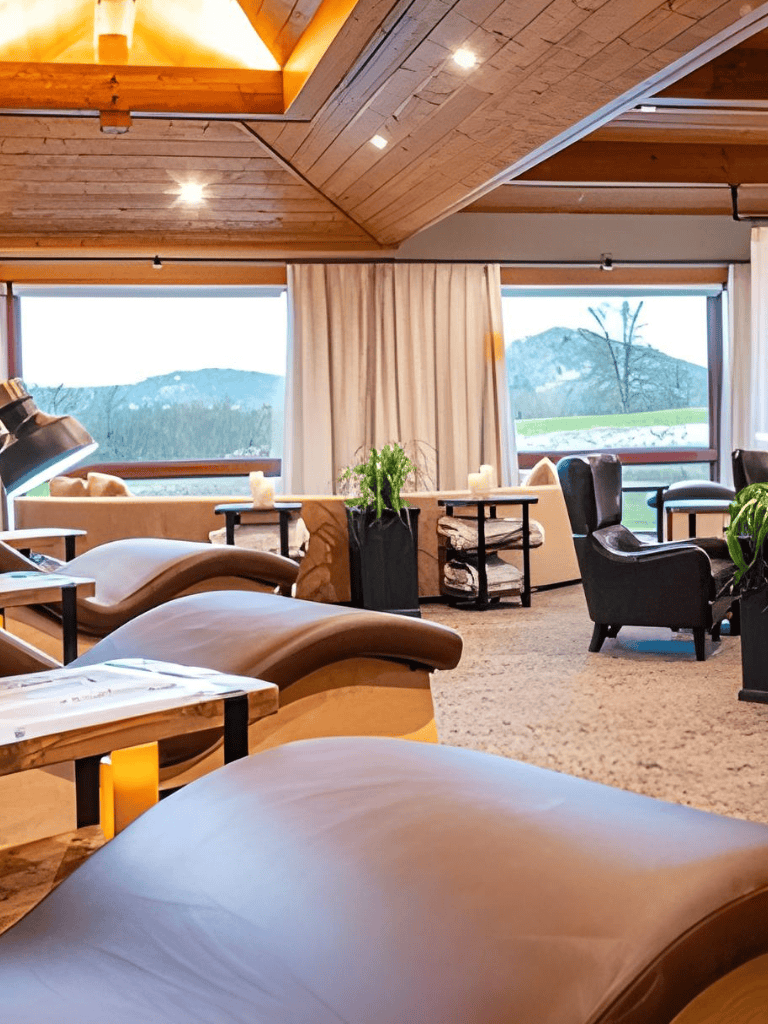 Cozy lounge with mountain views, modern furniture, and natural light at QuestForDirections.