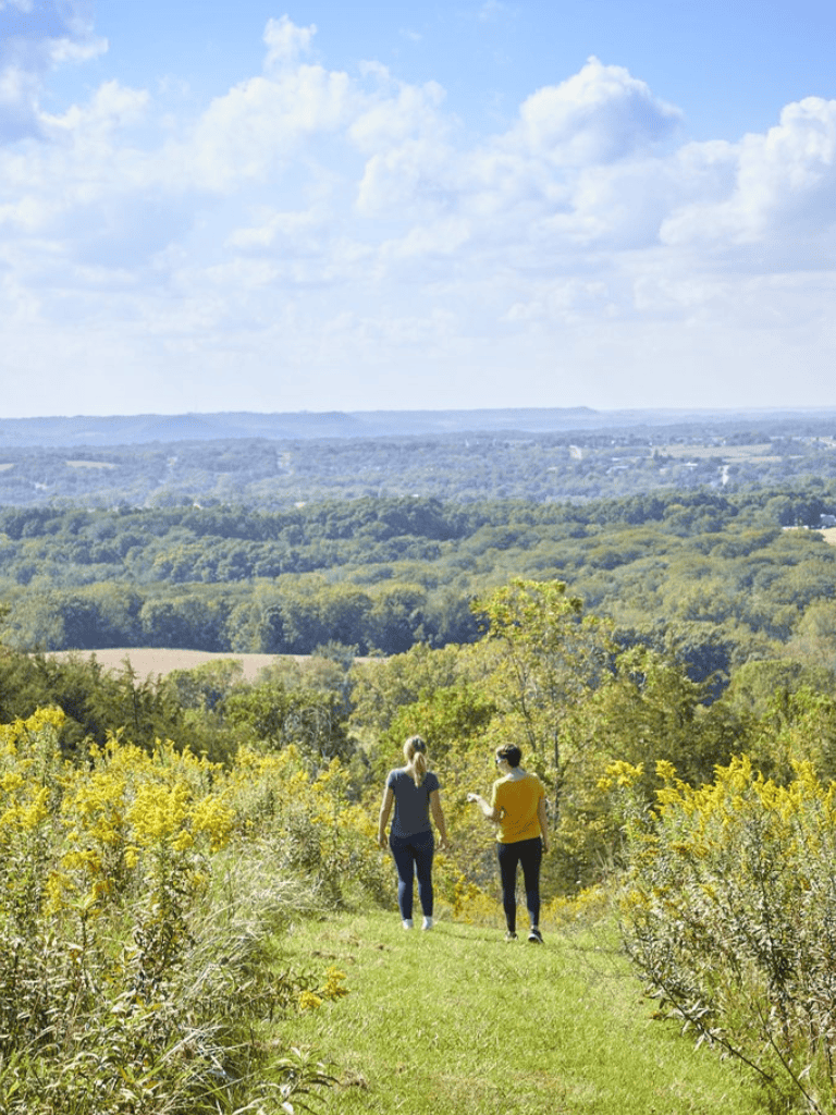 Breathtaking scenic landscape with two people walking through nature, perfect for outdoor adventure and exploration.