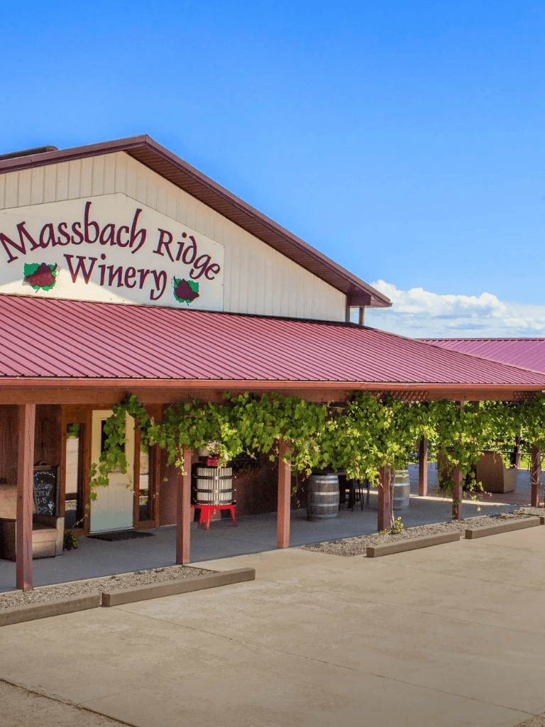 Vine-covered storefront of Massbach Ridge Winery on a sunny day.