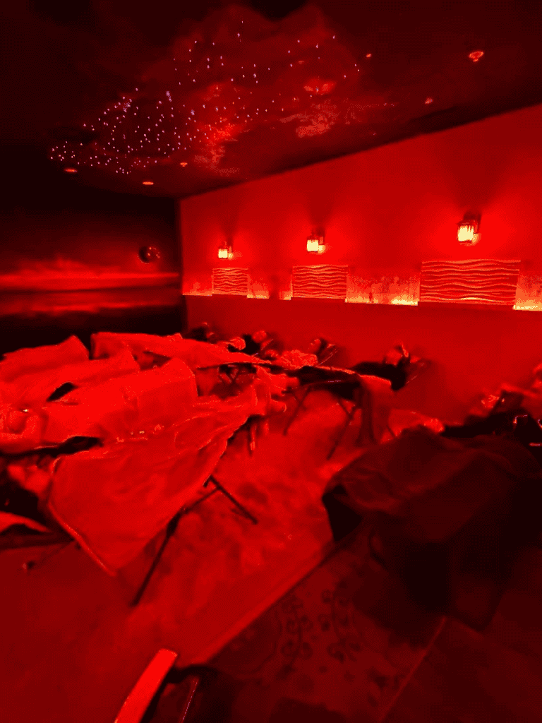 A cozy room with red lighting, starry ceiling, and lounge chairs, perfect for relaxation and gatherings.