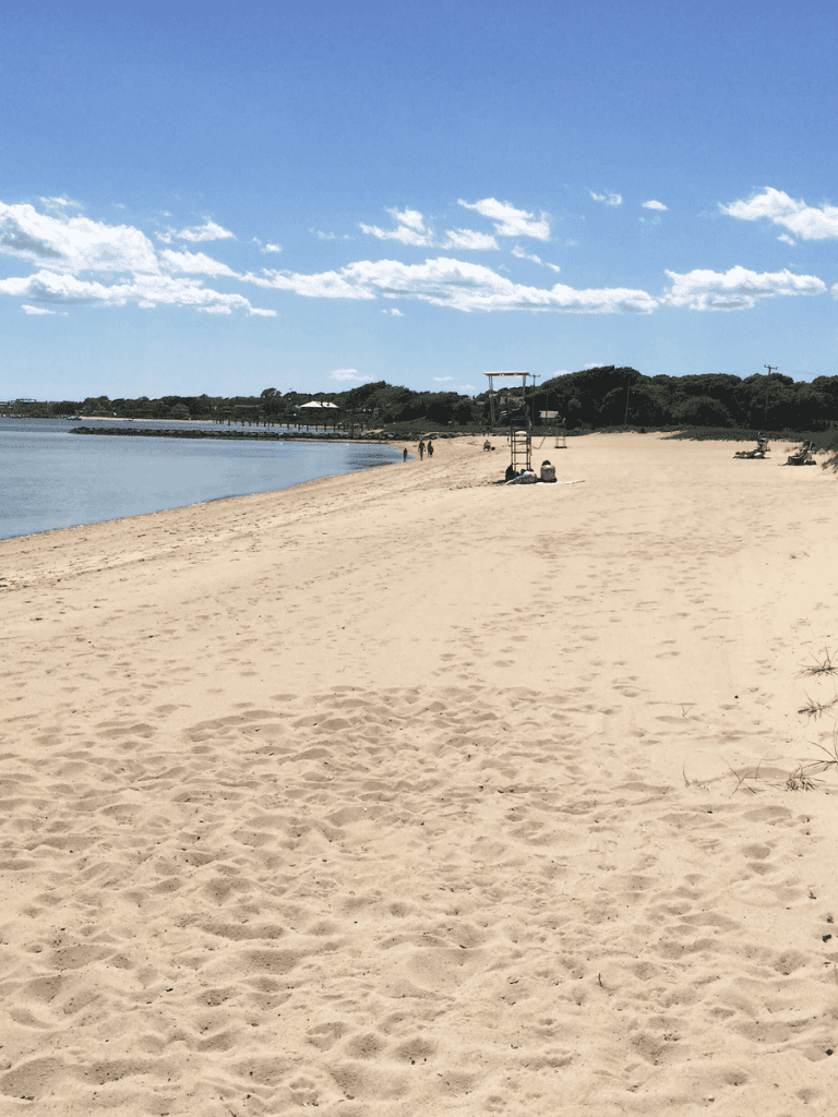 Quiet beach with sandy shores, blue sky, and calm water, perfect for relaxing and outdoor activities.