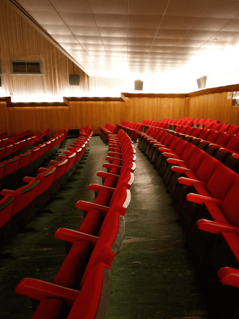 Empty theater seating with red chairs in a classic auditorium setting.
