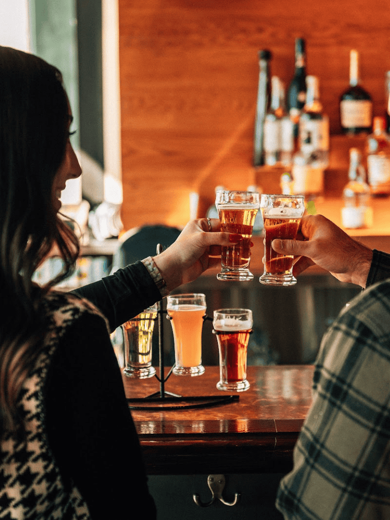 Clinking glasses of beer with a friend at a cozy bar, enjoying a casual night out and good company.