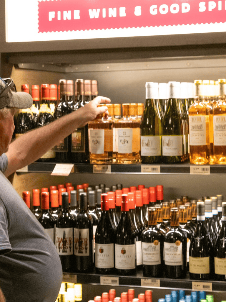 1. Bottles of fine wine on store shelves for wine lovers and enthusiasts.