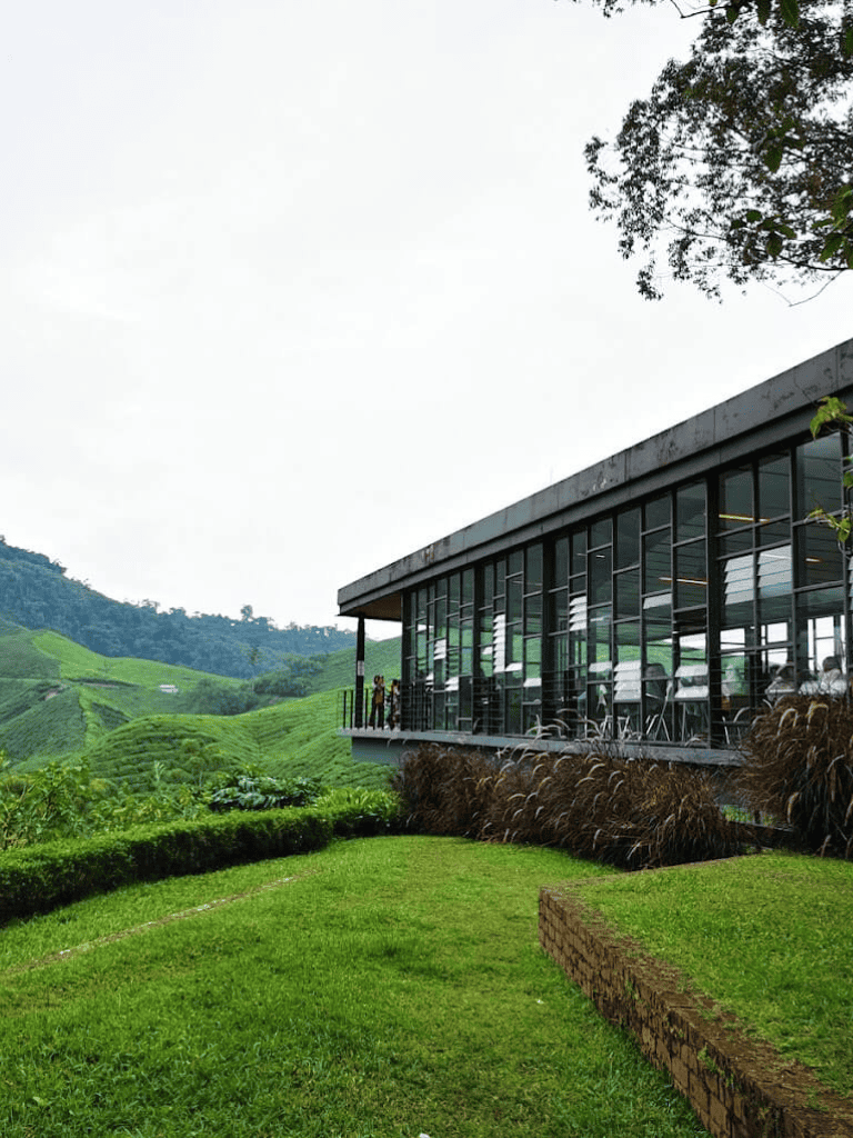 Modern glass building overlooking lush green rolling hills in a scenic countryside setting.