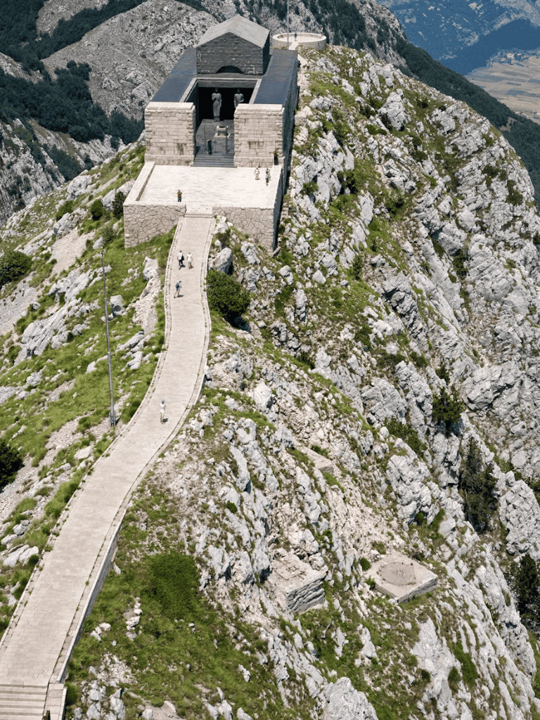 Aerial view of the Swiss Memorial on Mount Piz de la Fornace in the Dolomites.