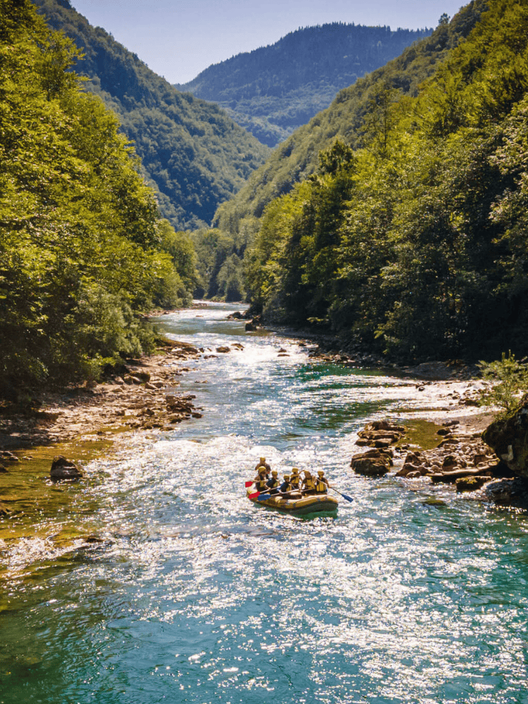 Scenic mountain river with rafting adventure in lush green forest landscape.
